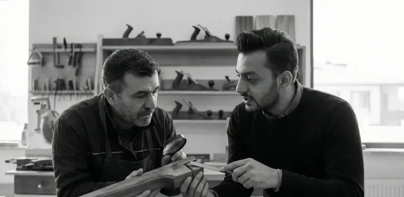 Umut GÜRLER, ahşap atölyesinde bir ahşap parçayı metreyle birlikte usta başı ile birlikte inceliyor.