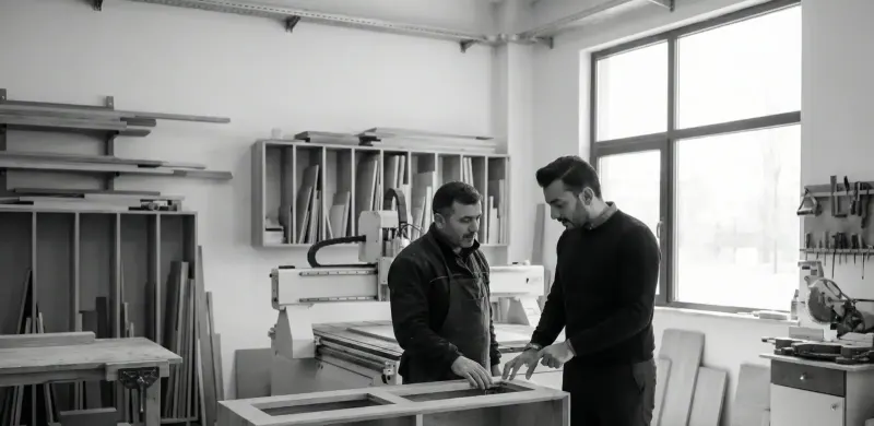 Umut GÜRLER, ahşap atölyesinde dolap gövdesini usta başı ile kontrol ediyor.