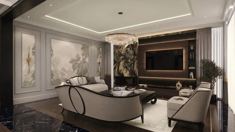 Classic-line villa interior, landscape