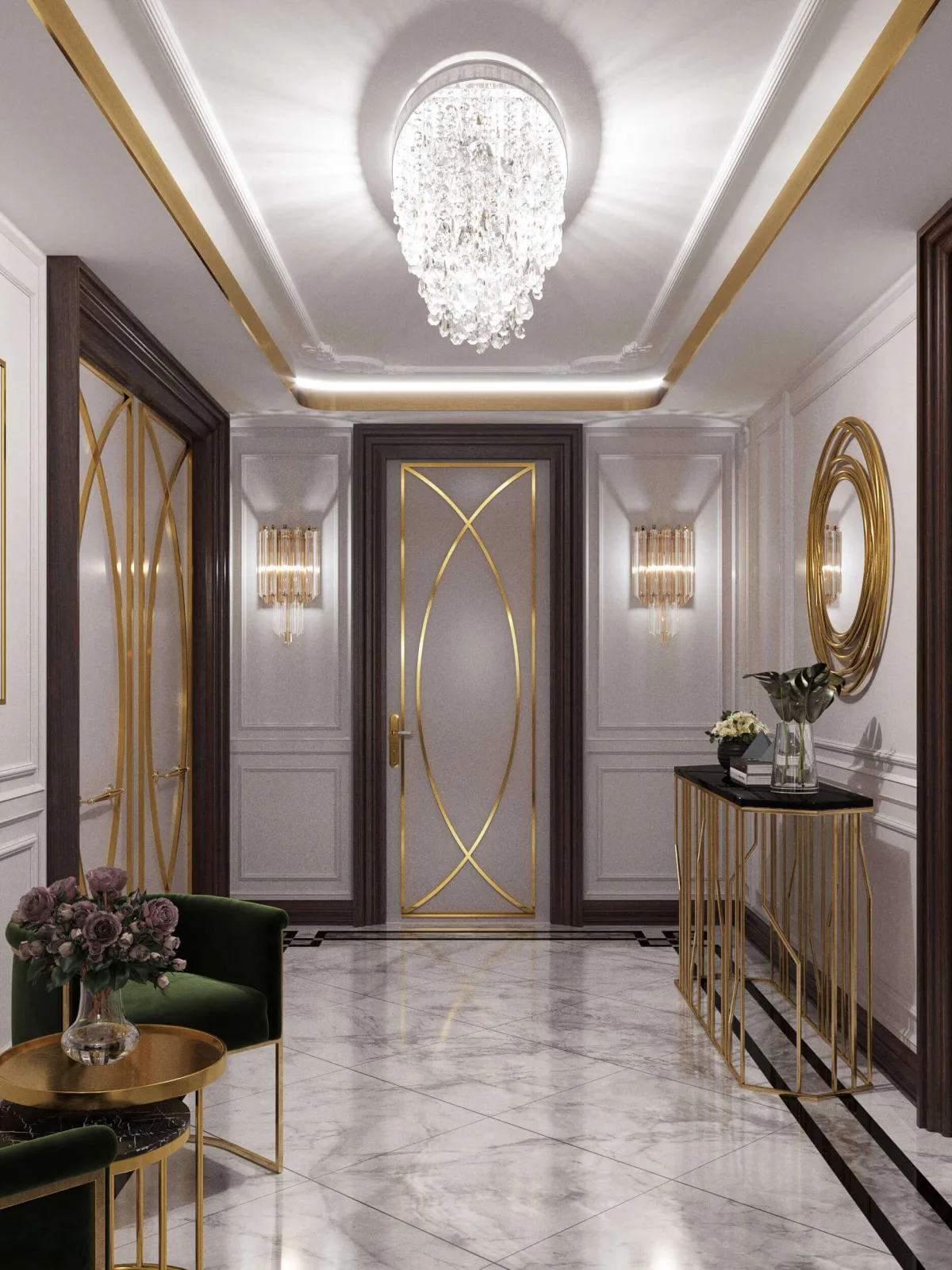 By crowning the strong contrast we achieved with marble flooring through our custom-production doors featuring gold-leaf…