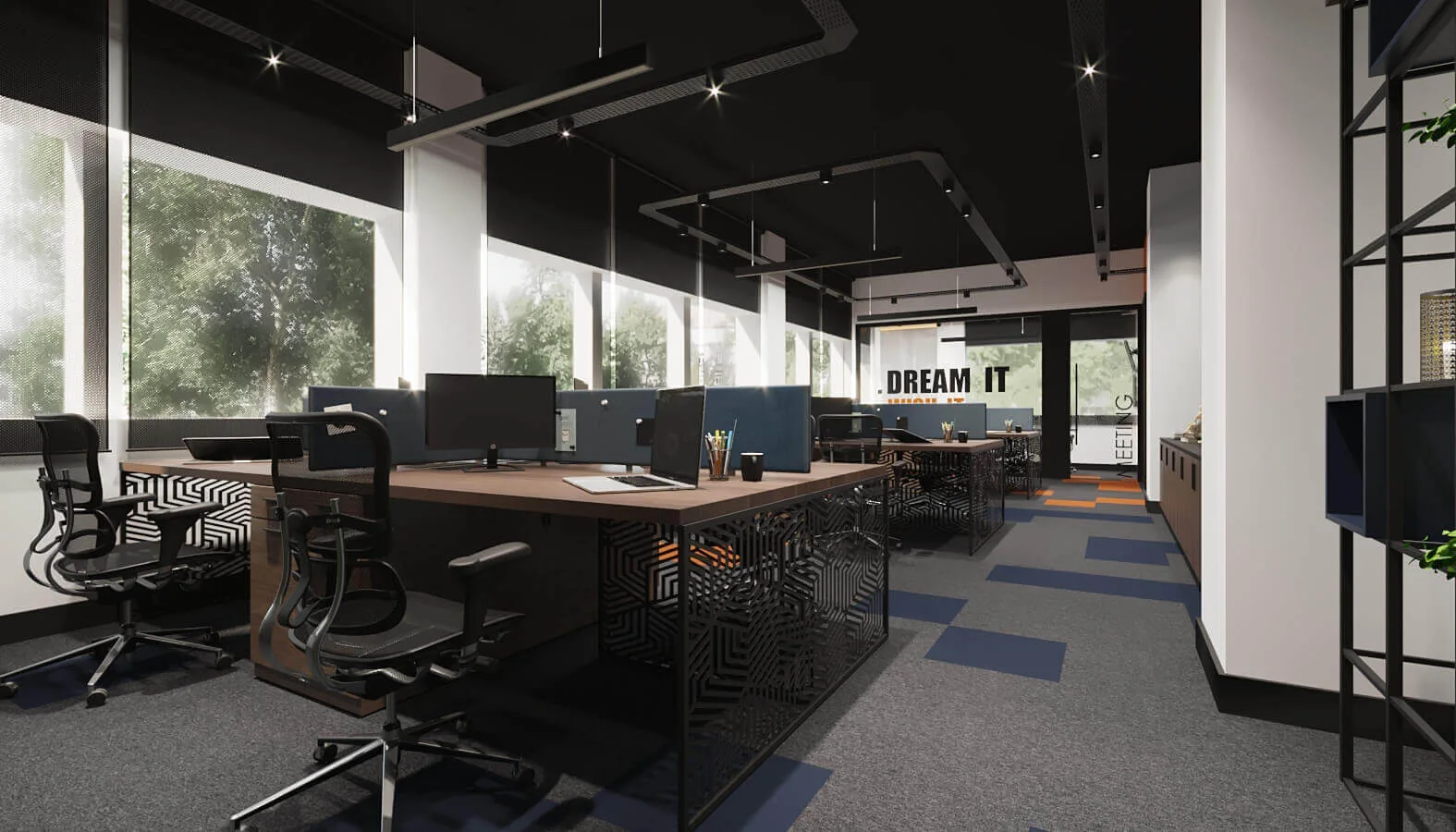 Within the open-plan office layout, we integrated ergonomic workstations, customized with specially designed patterned…