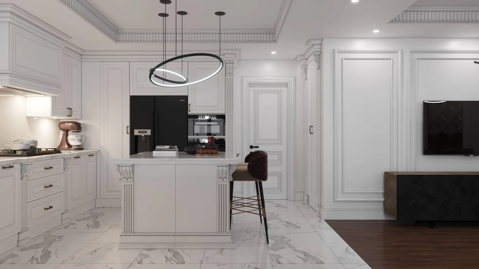 We defined distinct boundaries between the kitchen and the living areas by utilizing contrasting flooring materials; we…