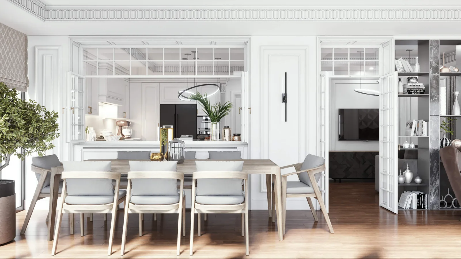We designed the dining area, accessed directly from the kitchen, to evoke an immediate sense of mental tranquility through…