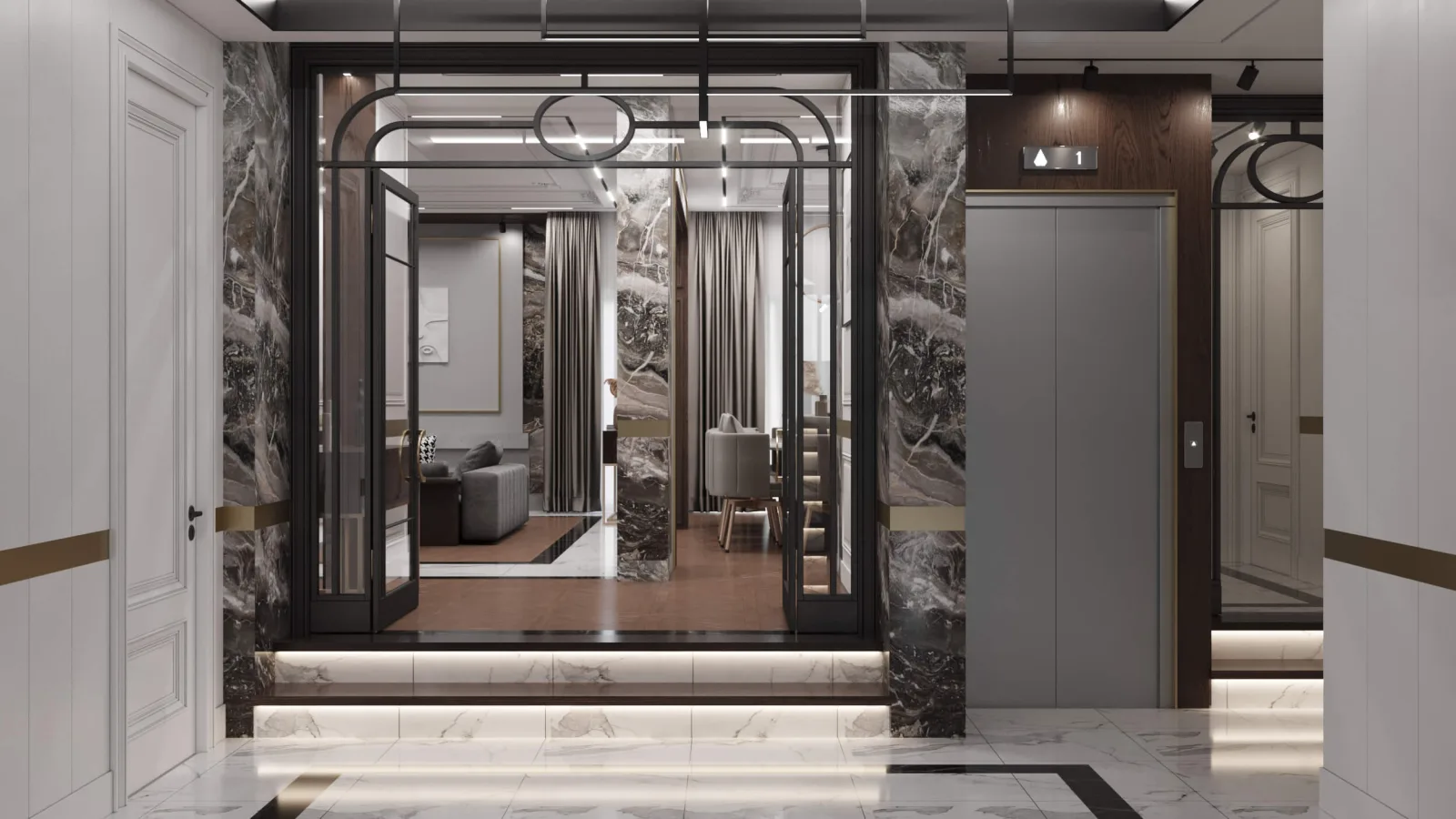We designed an elegant two-step transition from the hallway to the living room, infusing the space with a sophisticated…