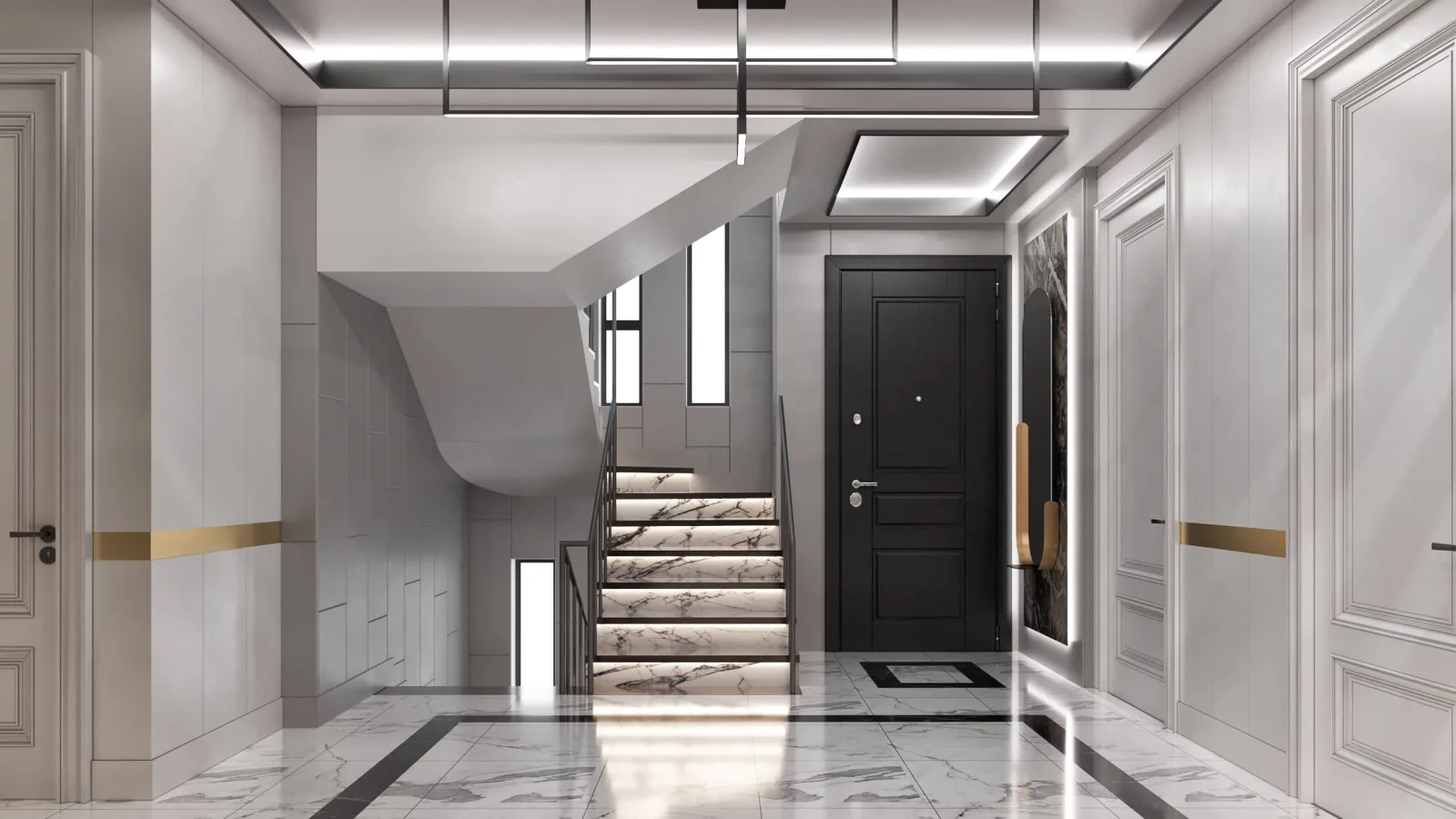 Throughout the space, we designed all interior doors and wall surfaces in white, making them visually vanish to achieve an…