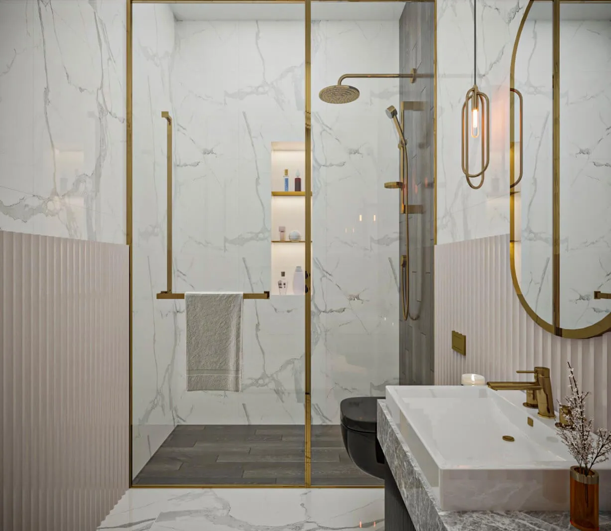While cladding both the wall and floor surfaces with uniform ceramic tiles throughout the space, we aimed to continue the…