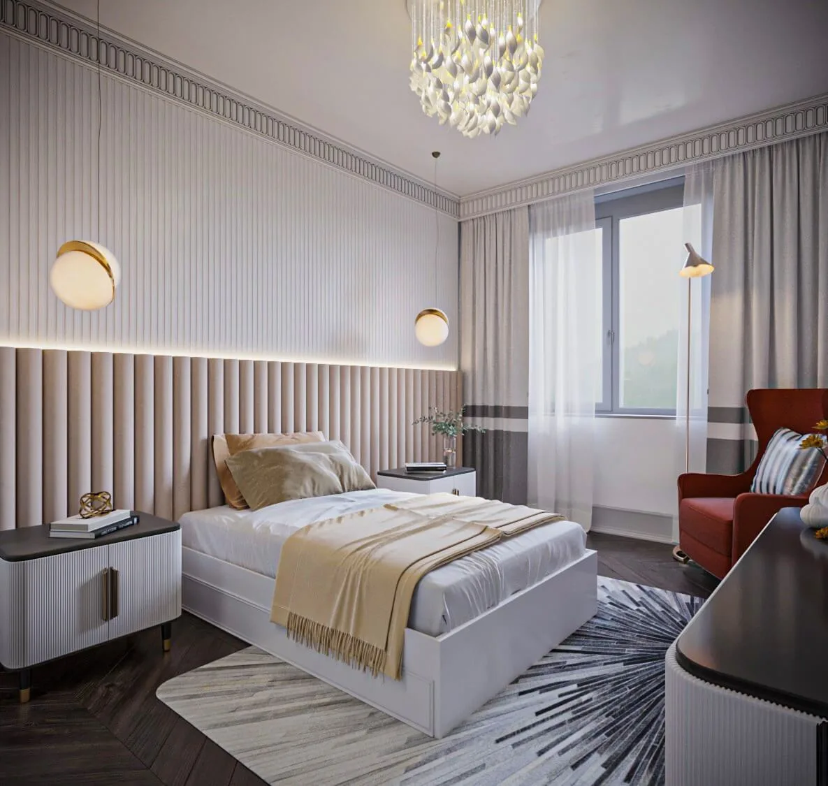 On the headboard wall, we curated a special surface blending circular forms with linear details. We carried the design…