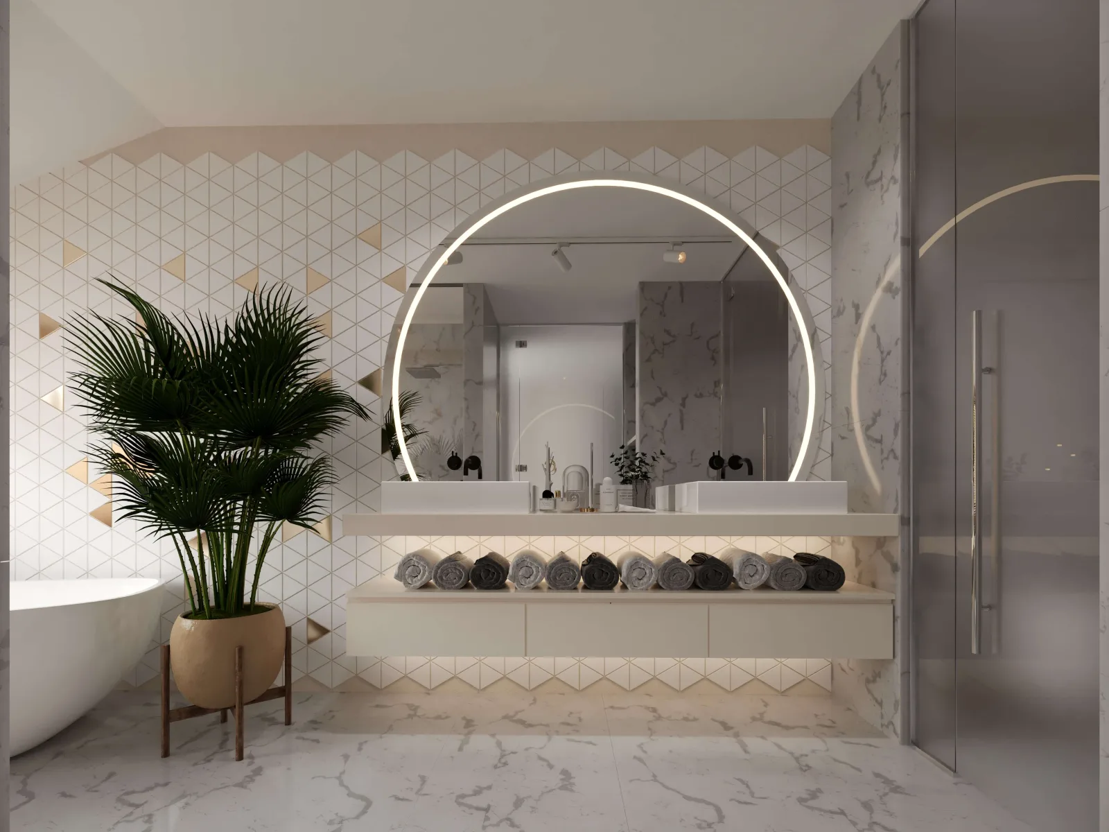 In the master bathroom, we designed a dedicated focal wall featuring triangular ceramic tiles, complementing it with a…