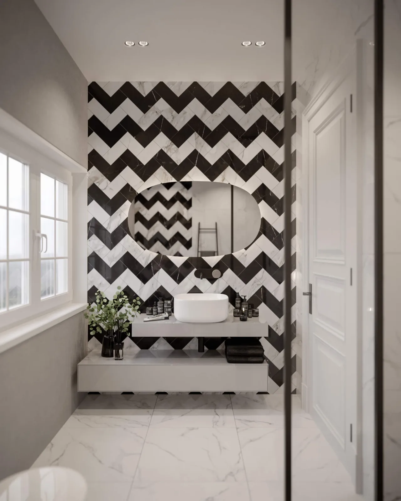 In our wet area design, we featured a striking black-and-white ceramic application on the accent wall behind the washbasin…