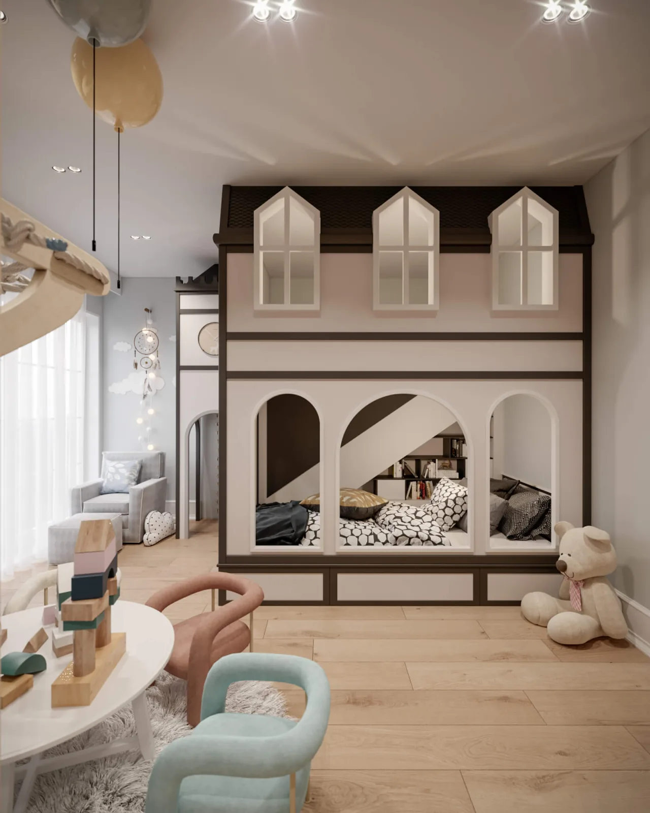 We designed the bed in the shape of a house to reflect the spirit and dynamism of the children's room. We integrated the…