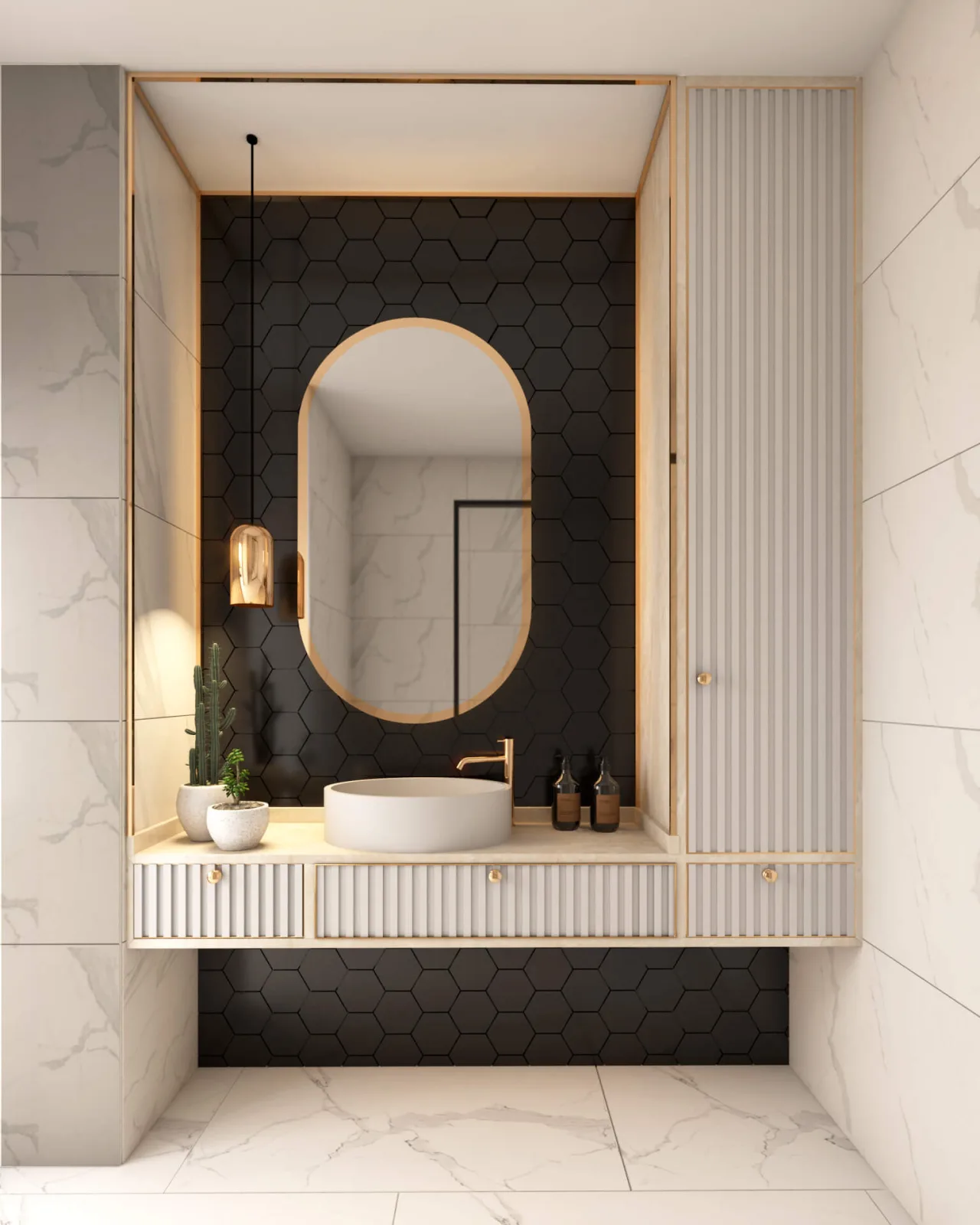 In this bathroom project, we established the dominance of a monochromatic palette featuring black and white, creating a…