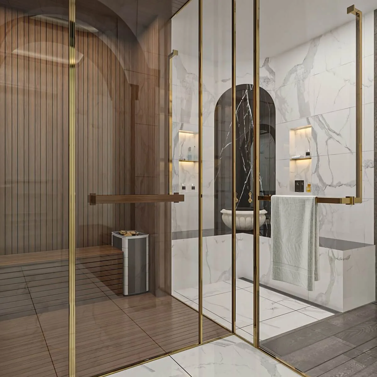 While ensuring the continuity of the marble texture in the sauna section, we integrated wood materials on the walls,…