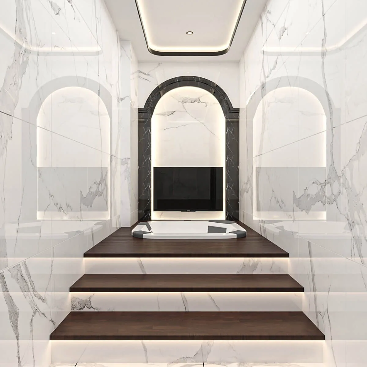 We skillfully highlighted the elegant arch motif, one of the most striking details of our design narrative, in the jacuzzi…