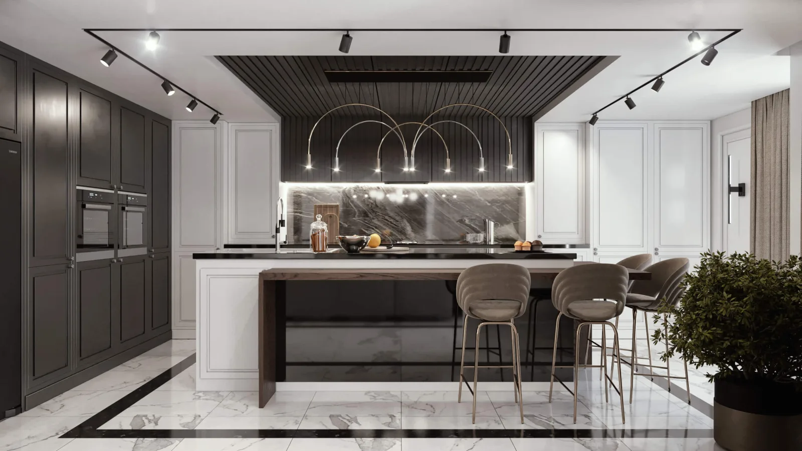 We designed a rather spacious and sophisticated kitchen. By choosing a baffle suspended ceiling for the ceiling solution…