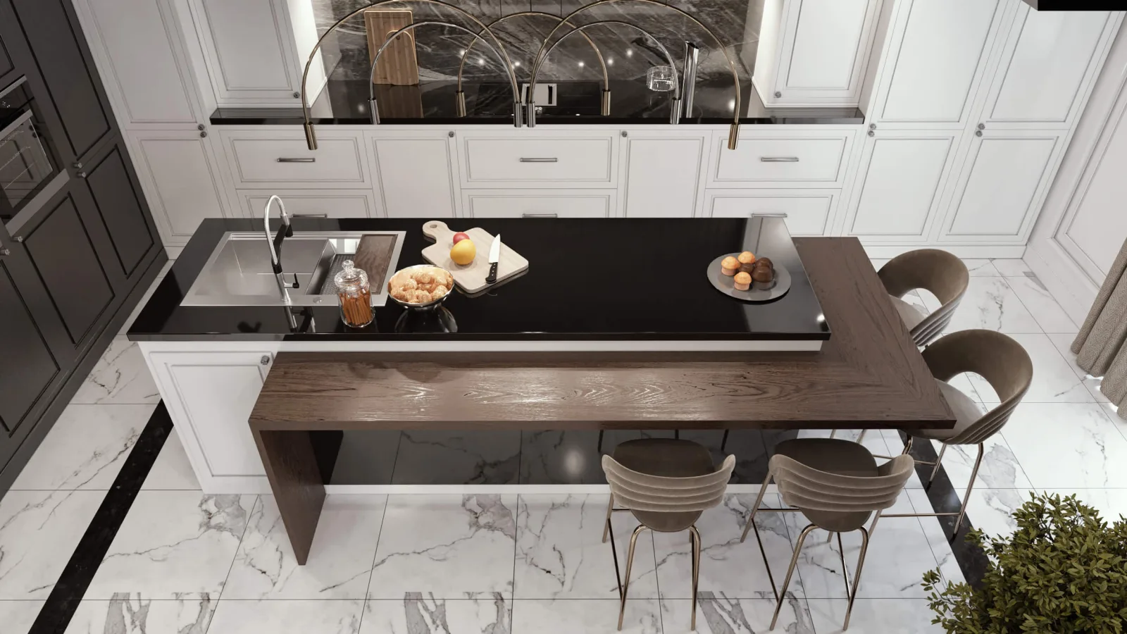 We designed the island kitchen, positioned in the center of the space, at different levels and with a rich variety of…