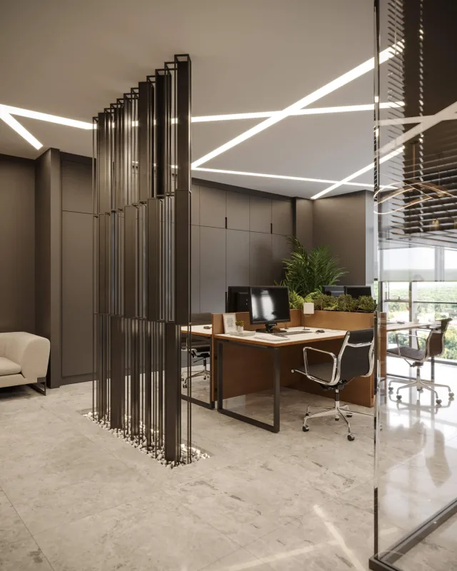 By means of the metal space divider we designed to gracefully separate the reception foyer from the active workstations, we…