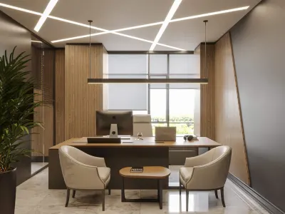 During our office interior design processes, we introduced a warm and inviting touch to the atmosphere of the space thanks to the wood veneers we preferred on the vertical planes, while creating a holistic continuity through the fluid geometric forms in the ceiling design.