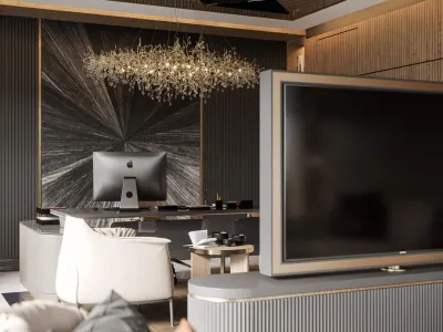 By turning the rectangular geometry of the executive office and its floor-to-ceiling glass facades into an architectural advantage, we designed a versatile integrated TV unit. In line with this approach, we engineered a movable mechanism capable of rotating toward both the main desk axis and the lounge seating group, thereby delivering an innovative solution that perfectly serves both functional zones within the scope of prestigious office designs.