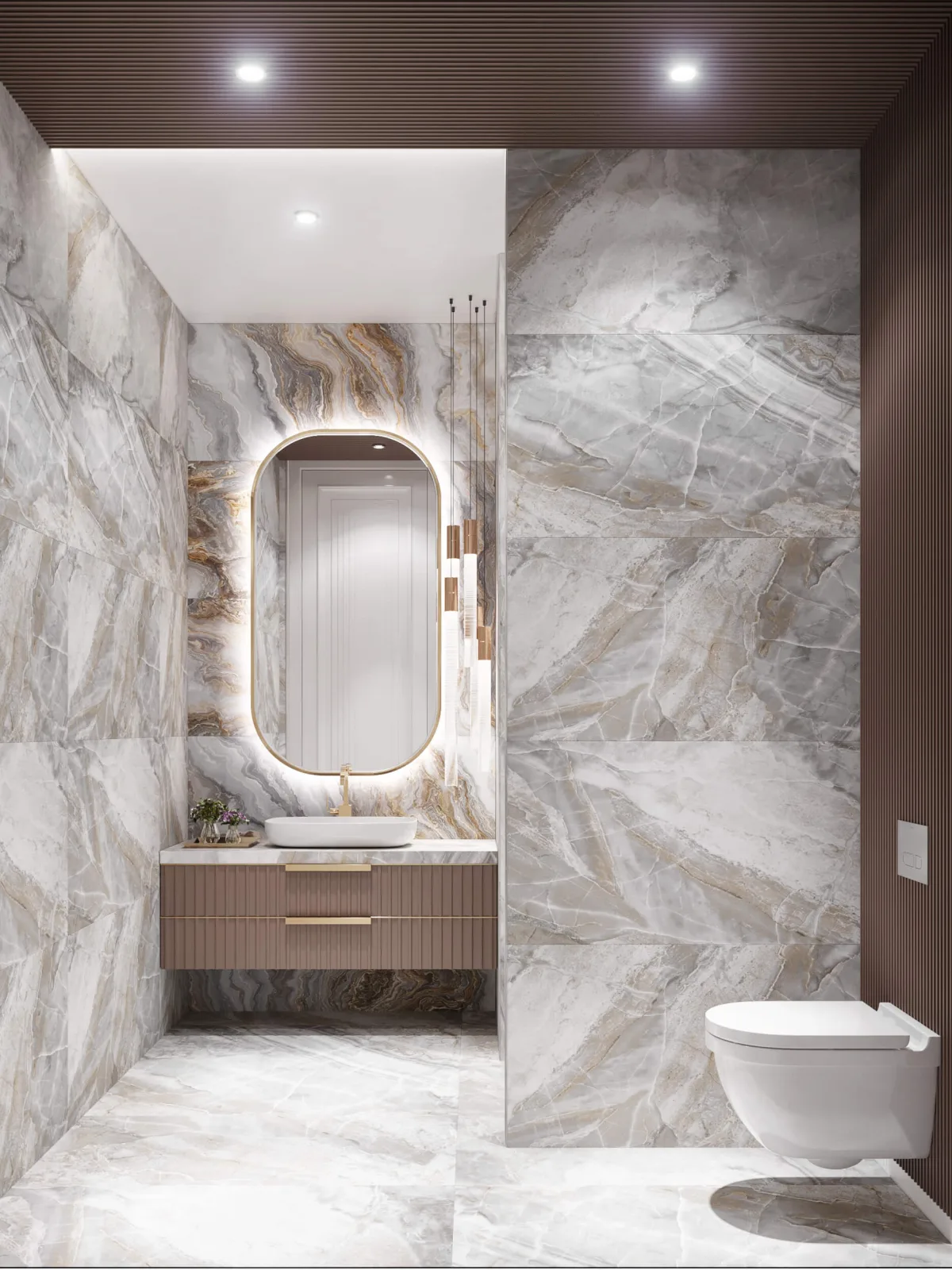 We designed this bathroom area by highlighting rich material textures with our luxury residential interior architect…