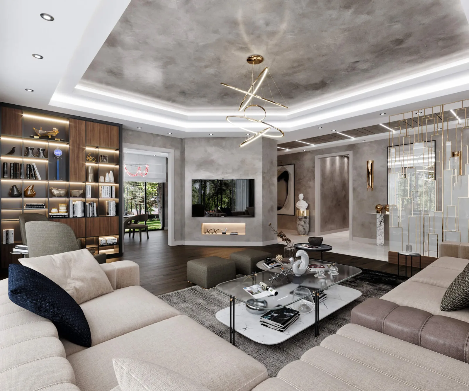 We created a focal point in the space by using a modern pendant lighting fixture with circular forms. To reinforce this…