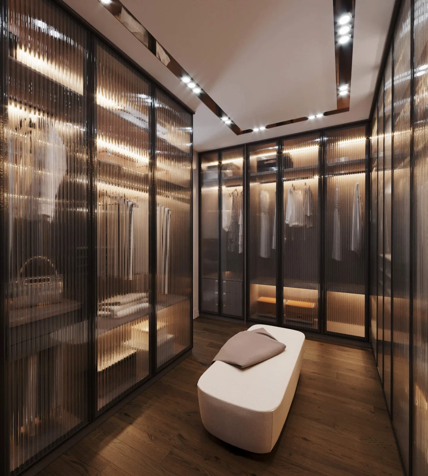 We designed this dressing room, featured in our luxury apartment interior architecture project, in absolute harmony with…