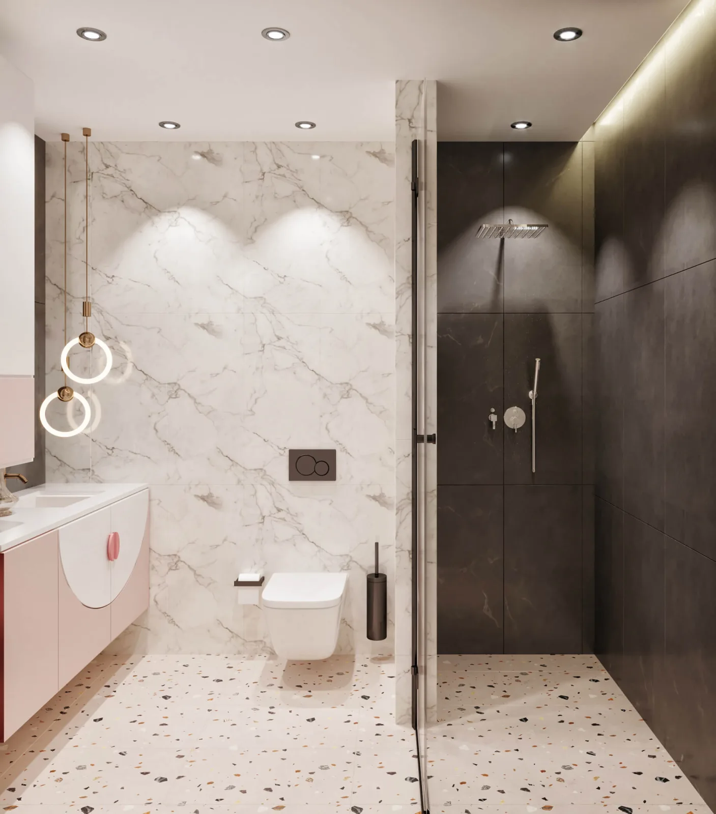 We selected the dark-toned ceramic surfaces used in the bathroom areas to meet functional requirements while establishing a…