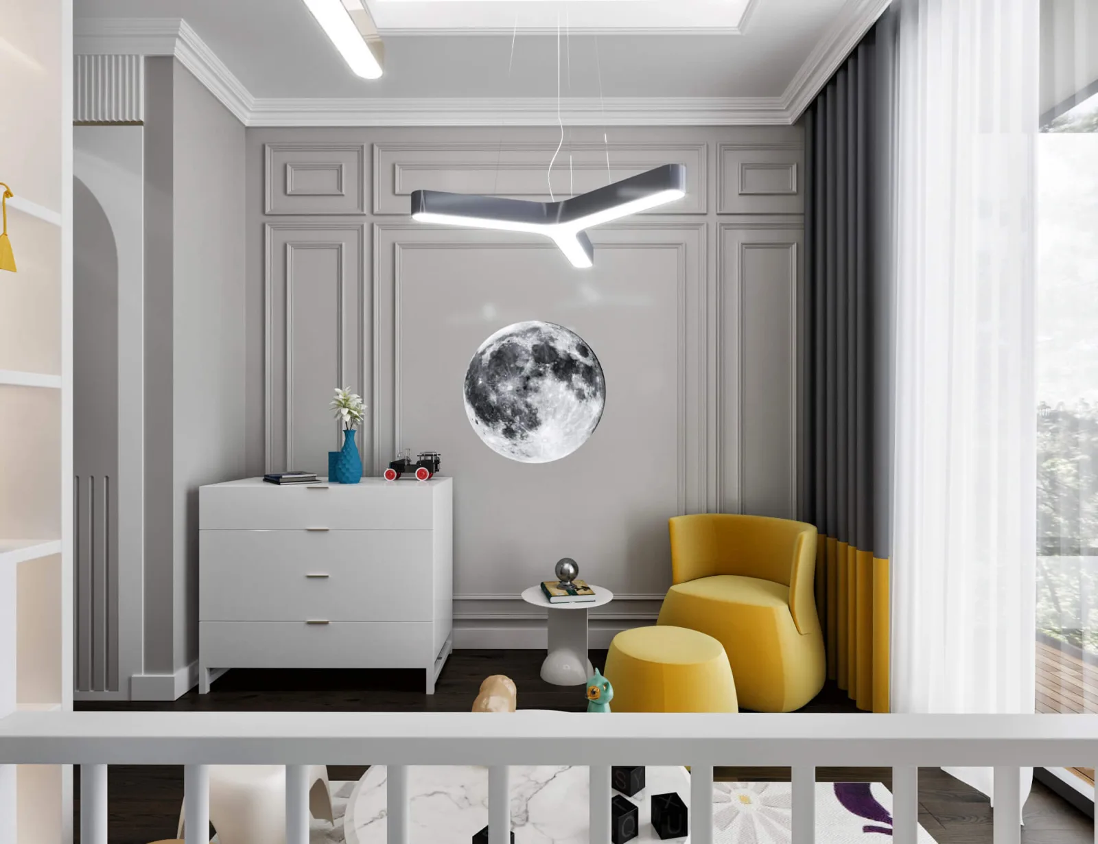 Taking the general atmosphere and harmony of the nursery into consideration, we positioned an elegant moon motif on the…