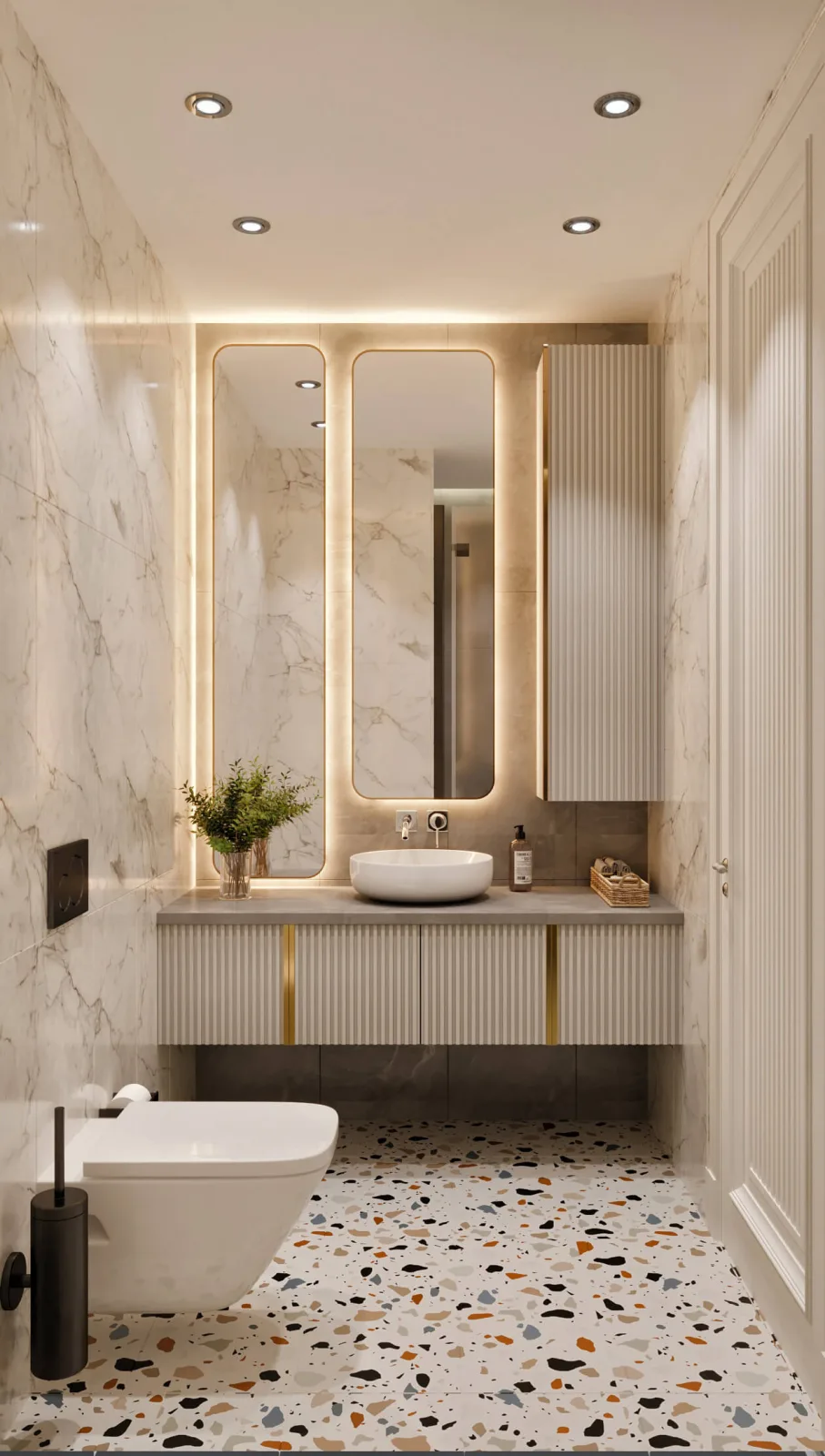 In this bathroom as well, we continued the design language we adopted for the girls' bedroom bathroom by interpreting it…