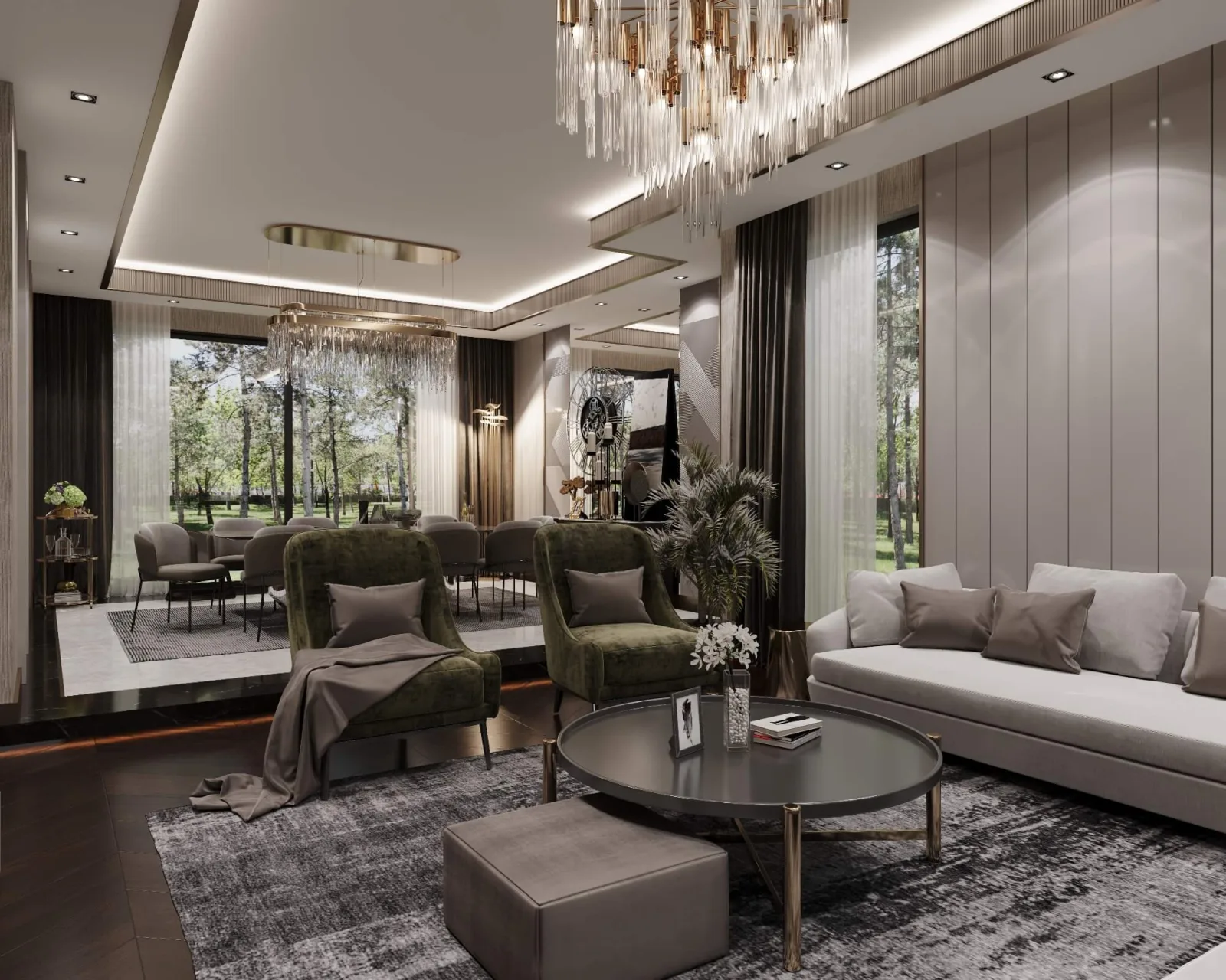 In our villa interior design details, we flawlessly blended light-toned furniture, textured matte doors, brushed gold…