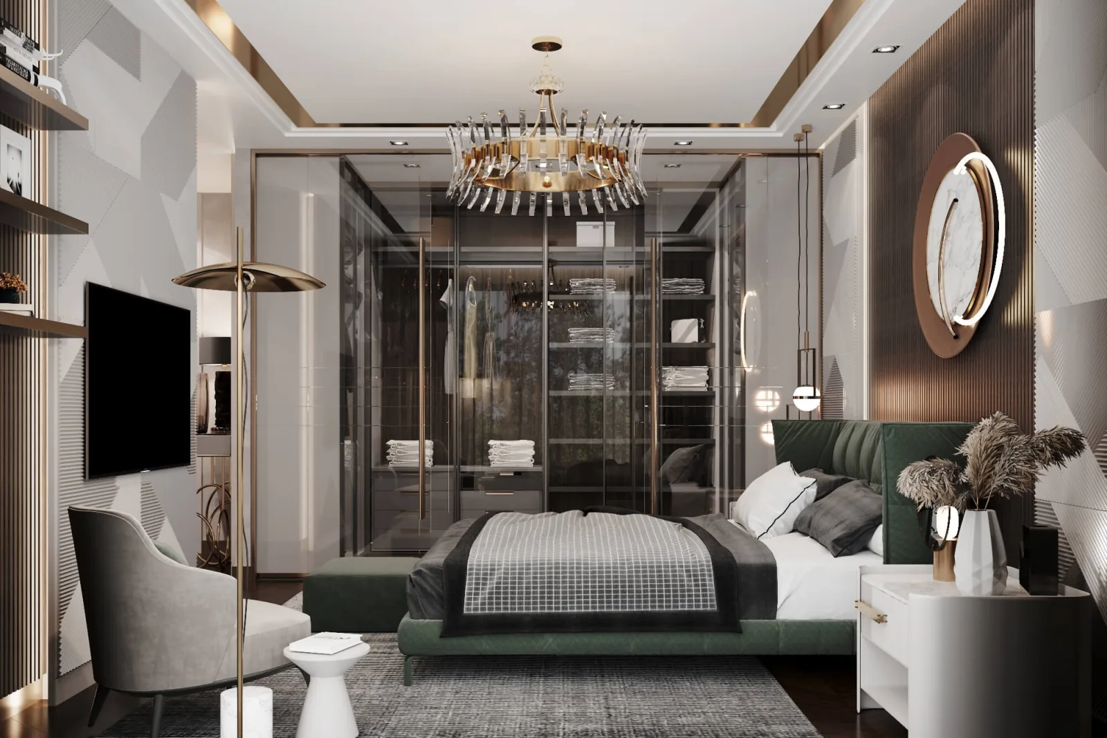 Overlooking the greenery and pool, this room with a glass wardrobe blends soft hues and pure wood through a luxury villa…