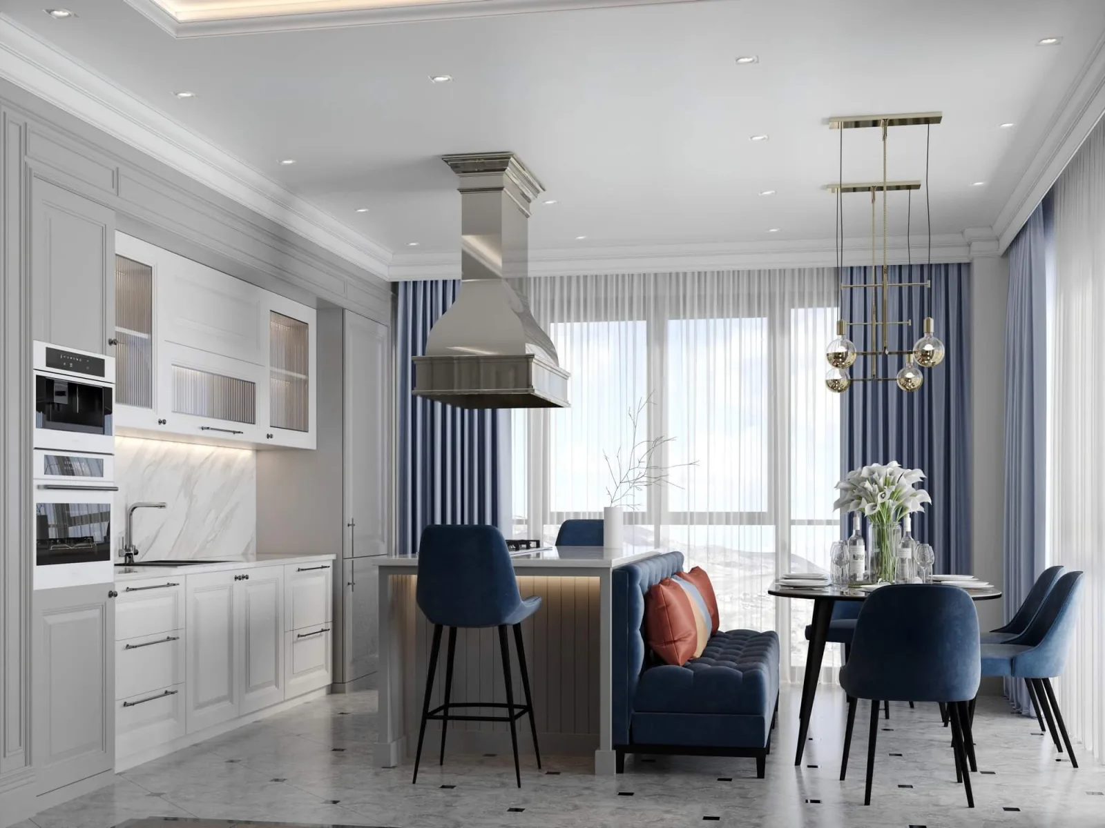In our kitchen space, we curated an exceptionally spacious atmosphere by opting for lighter color palettes compared to our…