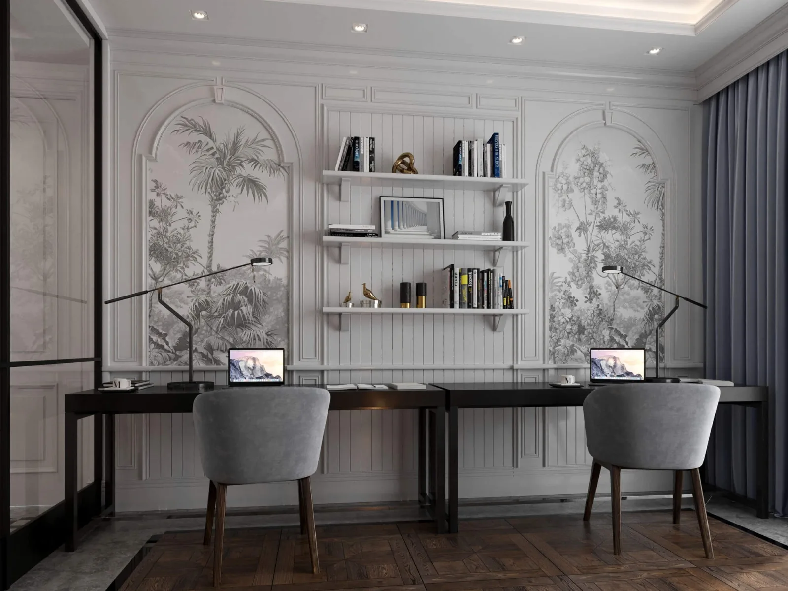 We curated a more solemn and refined aesthetic within our workspace. By framing the central fireplace with a comfortable…