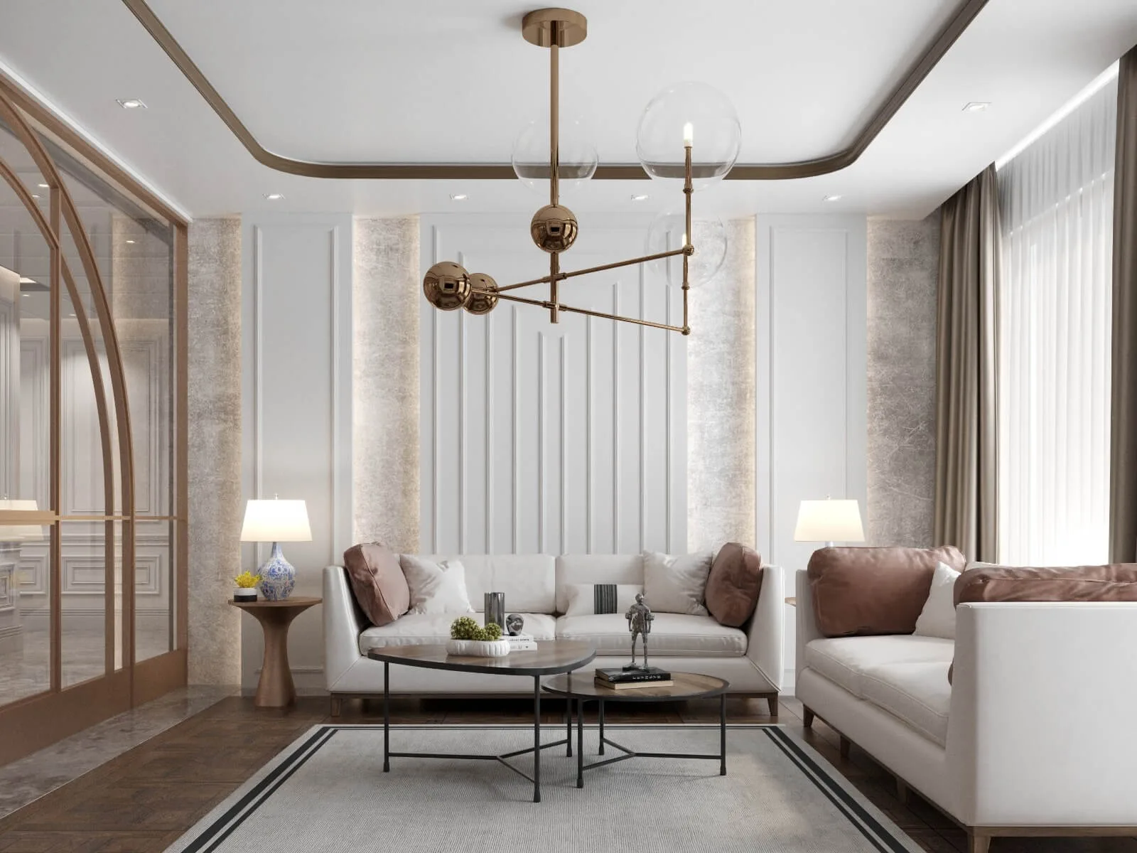 By separating the entryway from the living room with a glass partition, we allowed natural sunlight from the windows to…