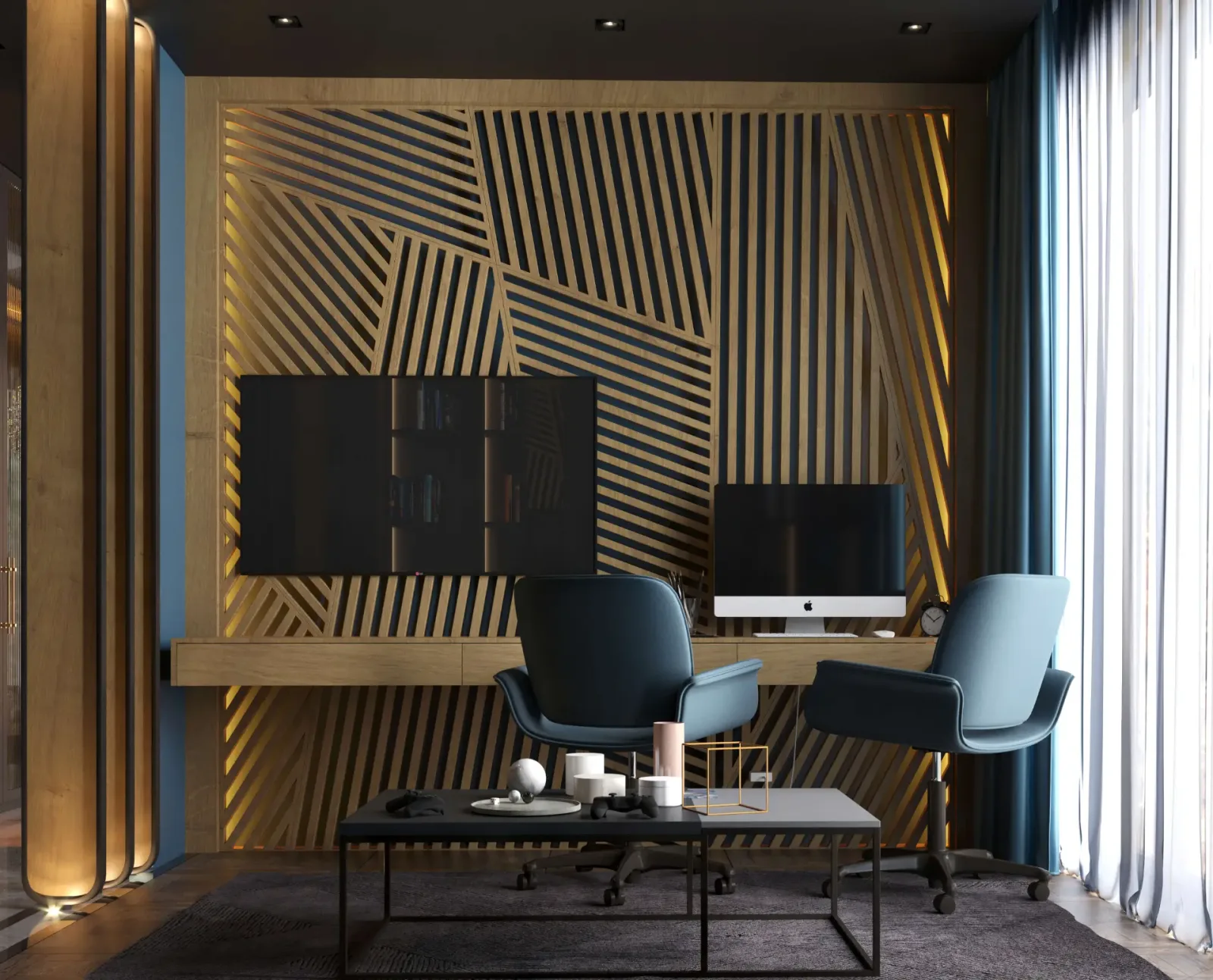 By extending the unique wooden wall panel application from the headboard to the study zone, we ensured the continuous flow…