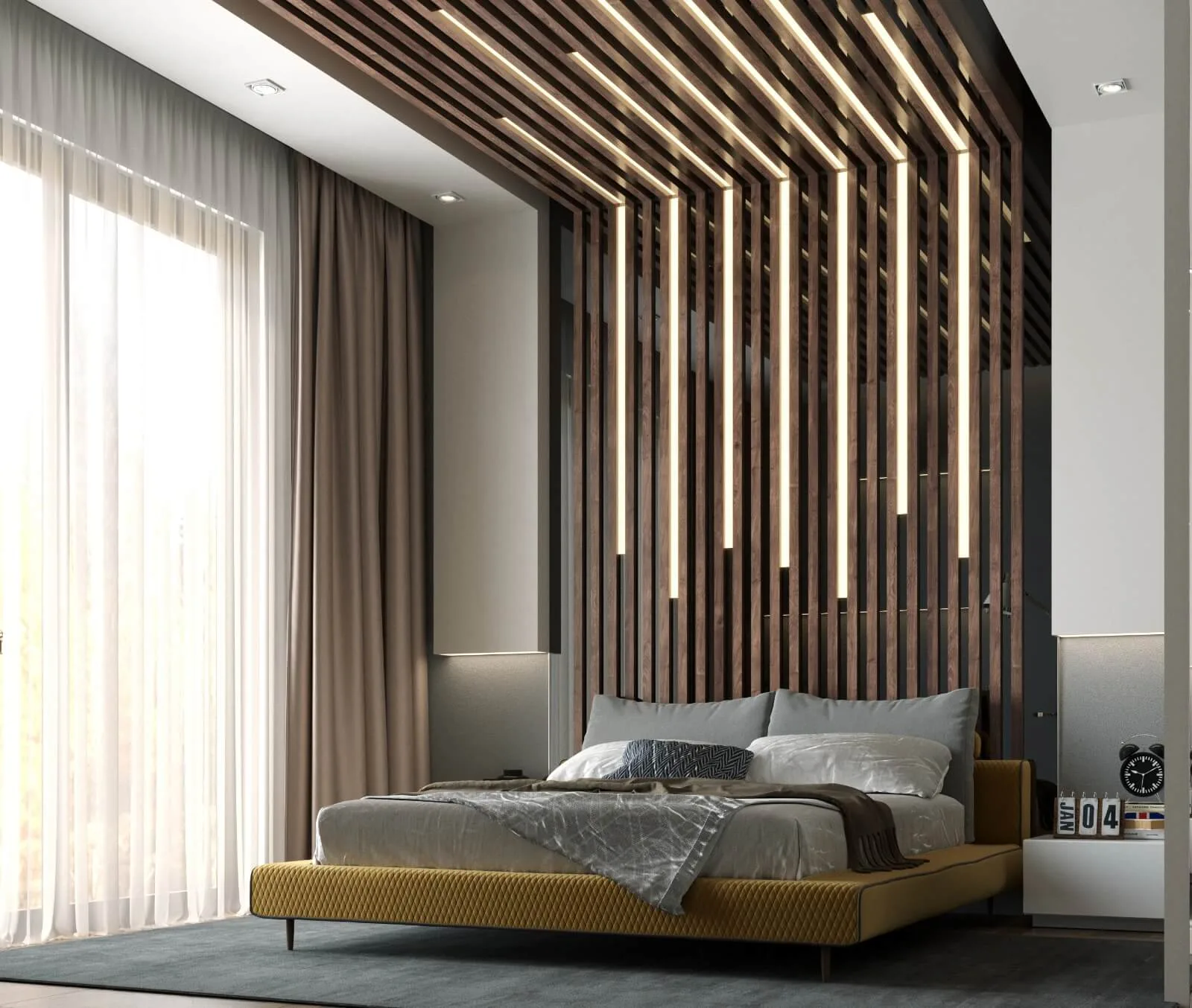 Because of the wooden wall design from the ceiling to the head of the bed in the bedroom, the area where the bed is placed…
