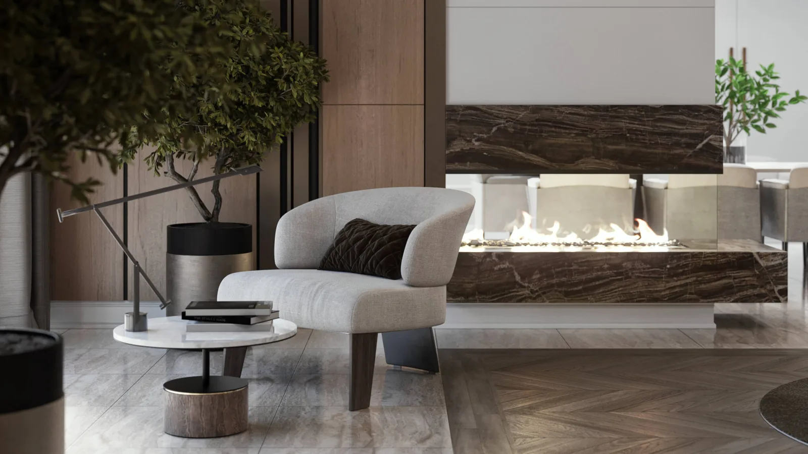 In this project, we avoided dividing the spacious living room with shallow partition walls or heavy mass structures;…