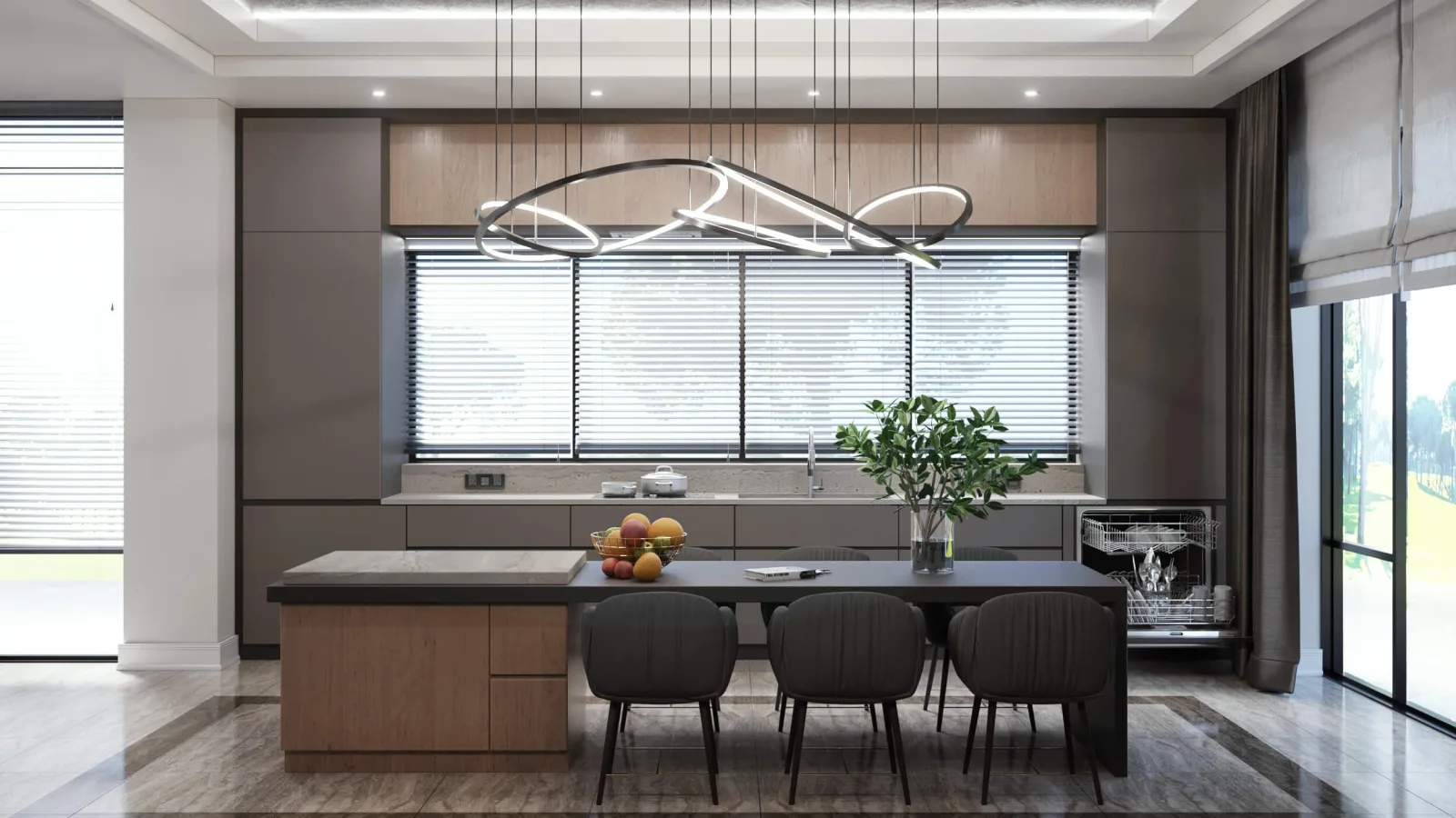 We designed a single cohesive unit by integrating the kitchen island and the dining table. By doing so, while enhancing the…