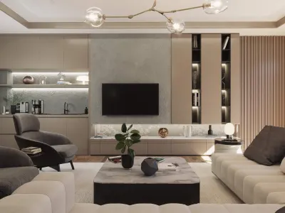 We curated the floor and ceiling applications in seamless harmony with the wallpaper, thereby achieving an exceptionally sophisticated atmosphere within the interior space. Thanks to the vertical recessed joint details we preferred on the vertical plane, we optically increased the ceiling height and imparted a spacious depth to the space. With our meticulously selected furniture collections and finishing materials, we designed a calming ambiance supported by a linear lighting band that elevates your quality of life, feels more expansive, and radiates tranquility; because professional interior design always begins for us with perfection in the details.