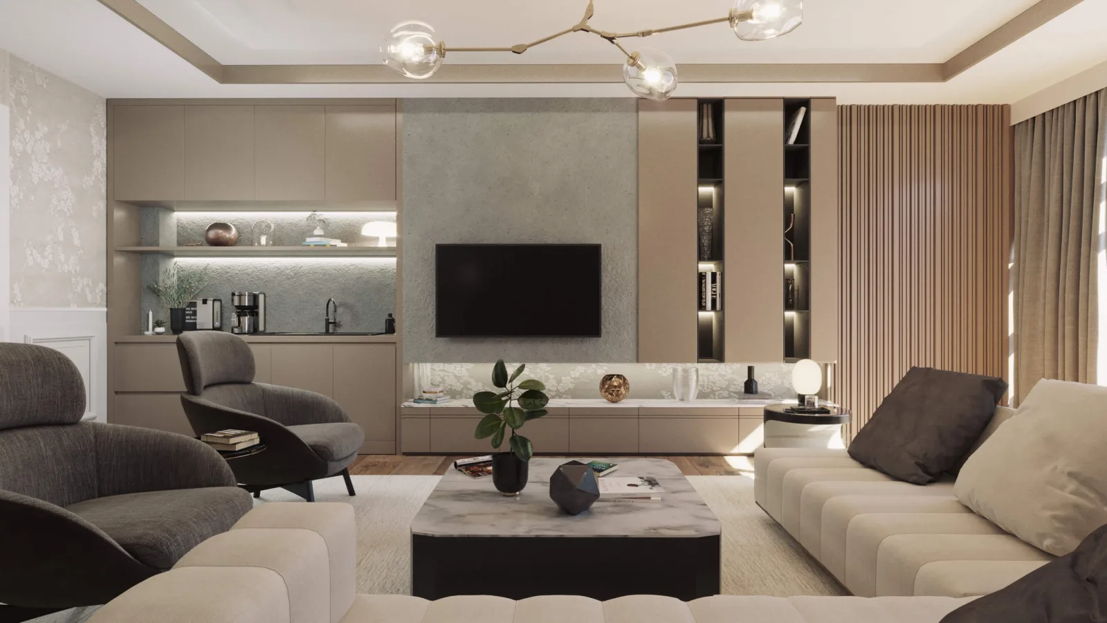 We curated the floor and ceiling applications in seamless harmony with the wallpaper, thereby achieving an exceptionally…