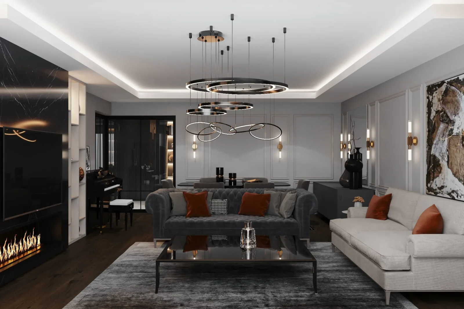 In our living room design, the square-shaped light band details integrated into the wall surface, combined with…