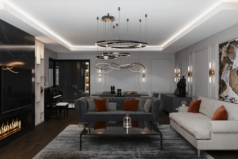Salon kurgumuzda, duvar yüzeyine entegre ettiğimiz kare formlu ışık bandı detayları, seçkin tablolarla bütünleşerek mekanın…