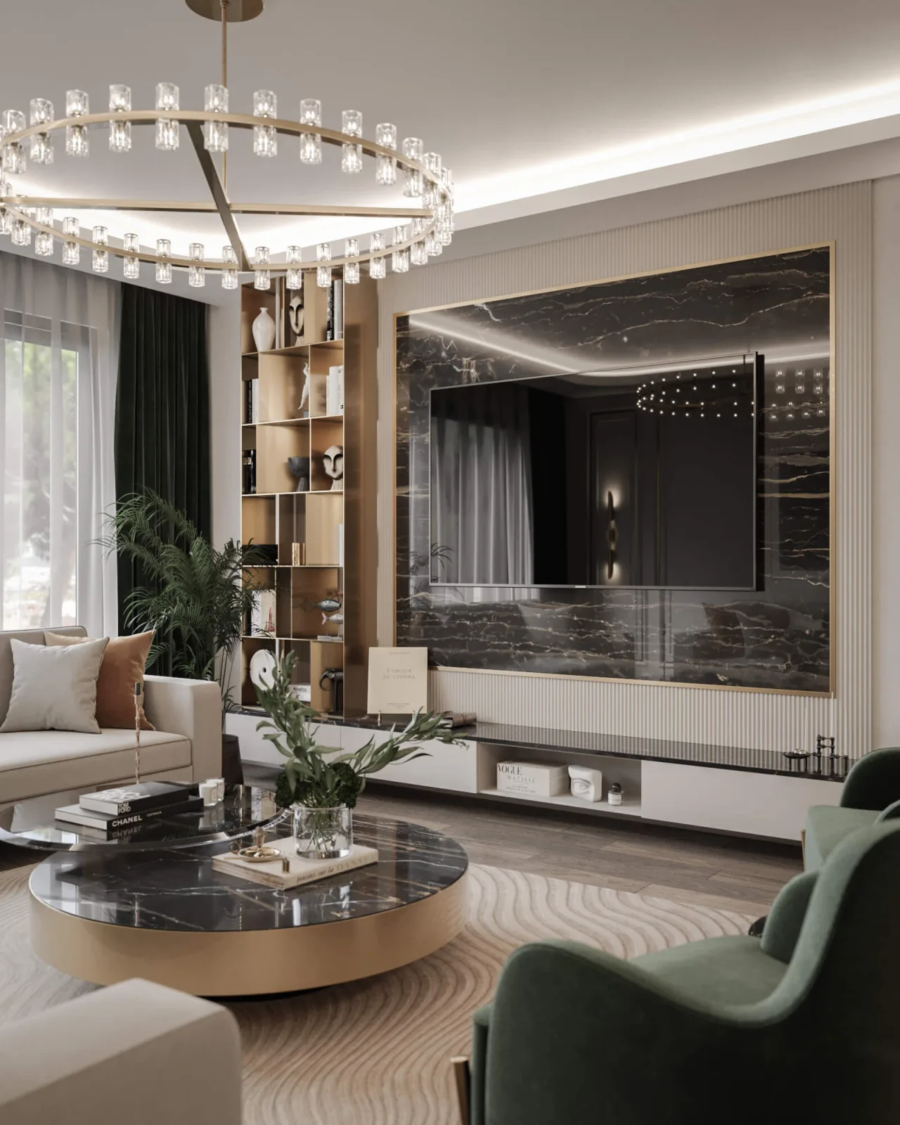 In our living room design, we established a fluid harmony by choosing rounded forms for both the pendant lighting and the…