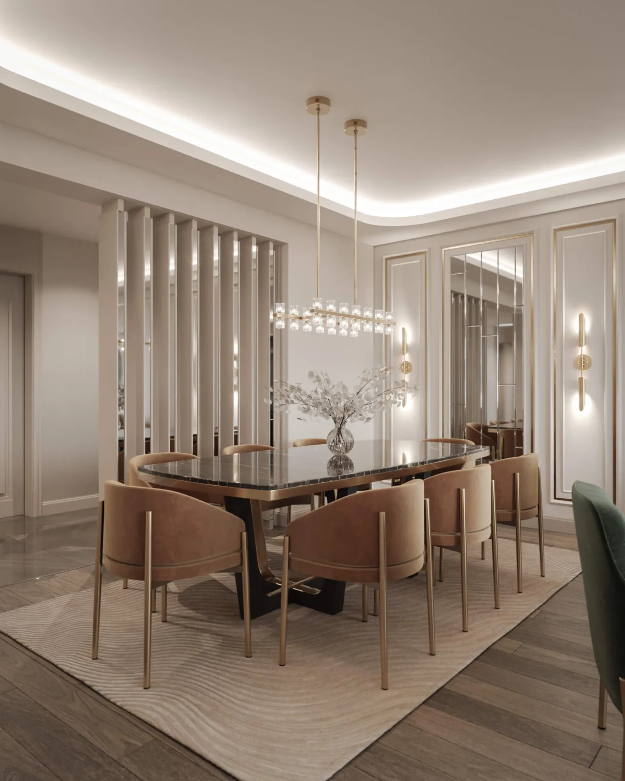 Through the light color palette we preferred in the overall layout of the living room and the full-length mirror we…