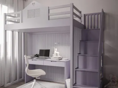 While designing youth and kids' rooms, we prioritized maximum safety and ergonomics, curating aesthetically stunning spaces. In our kids' room project, we shaped the color palette based on a sophisticated lilac tone; we preferred a functional bunk bed layout featuring an integrated study desk and a multi-purpose lower module. Thanks to this rational space planning move, we optimized the square footage to provide children with a more spacious, airy, and smartly zoned living area.
