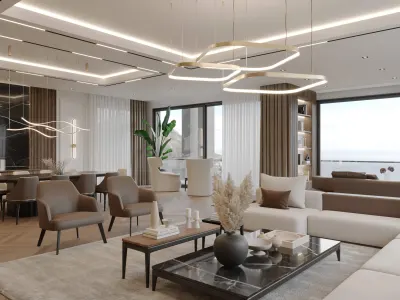 We consider living rooms as the most critical and unifying focal points of our homes. We design communal living spaces that maximize comfort and functionality while sharing pleasant moments with our families and guests. In this special project, we blended the unique dynamism offered by the sea view with the warmth of earth tones, reflecting it throughout the space. We created a dynamic and living atmosphere accompanied by leather upholstery and timeless textile products. While preserving the integrity of the space with the black and white contrast light band that we included in the ceiling design, we elegantly separated the dining and seating zones with the architectural frame details we created. At every stage of our project, we have provided our users with a unique experience through our comprehensive home decoration approach.