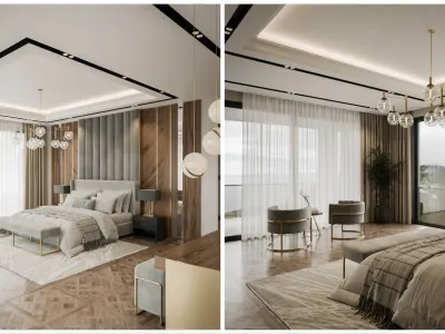 In this intimate bedroom project that we designed with precision, we utilized the flawless synthesis of aesthetics and emotional resonance. While choosing light gray tones for the bed and armchairs, we harnessed the calm and neutral energy of these hues; furthermore, we achieved a holistic atmosphere throughout the space with our complete home decoration approach. We balanced this tranquility we created with the vibrancy of the relatively more dynamic parquet flooring on the ground. We made elegant touches by creating an architectural contrast within the space using round-shaped pendant lighting elements.