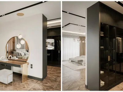 We created a striking focal point in our vanity unit with brass-toned pendant lighting and a concealed lighting cove; moreover, we integrated bold details reflecting professional interior design lines through metallic profiles and rich-textured accessories.