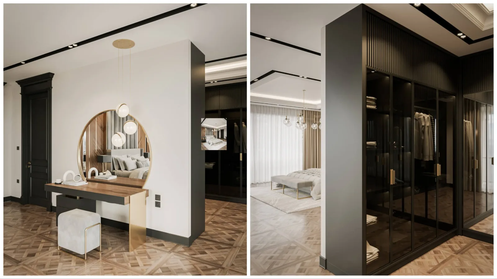 We created a striking focal point in our vanity unit with brass-toned pendant lighting and a concealed lighting cove;…
