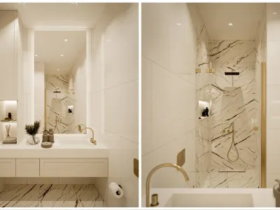 In this bathroom design embracing utterly simple lines, we have brought depth and a striking focal point to the space by using marble-patterned ceramics in the shower area. Maintaining the same minimalist approach in our sanitary ware selections as well, we have curated an extremely elegant and fluid design language, thus successfully reflecting the chic and timeless aesthetic we adopt in our complete home decoration projects into this wet area.