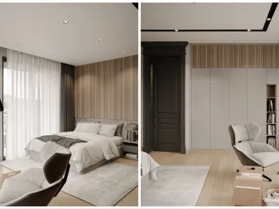 In this bedroom project, we transformed simplicity into a warm and natural experience through the wooden wall paneling details and parquet flooring applications we designed. Thanks to the minimalist and built-in wardrobe units we manufactured, we achieved an extremely spacious and uninterrupted flow within the space. The reading nook positioned along the window facade, complete with its soft-textured grey armchair, practically invites the user while offering a flawless atmosphere to unwind and lose oneself in the pages of a favorite novel. We completed this private sanctuary by incorporating concealed light bands and elegant pendant lighting elements throughout the space, thus reflecting our luxury interior design approach in every single detail.